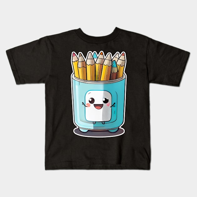 Back to school happy face pencil holder Kids T-Shirt by Stickandteach